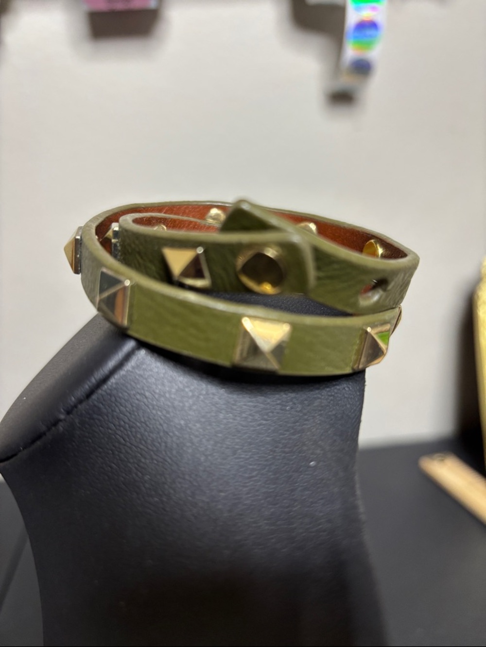 Stella & Dot Olive Green Gold Studs Leather Wrap Bracelet Rocker - Picture 2 of 6